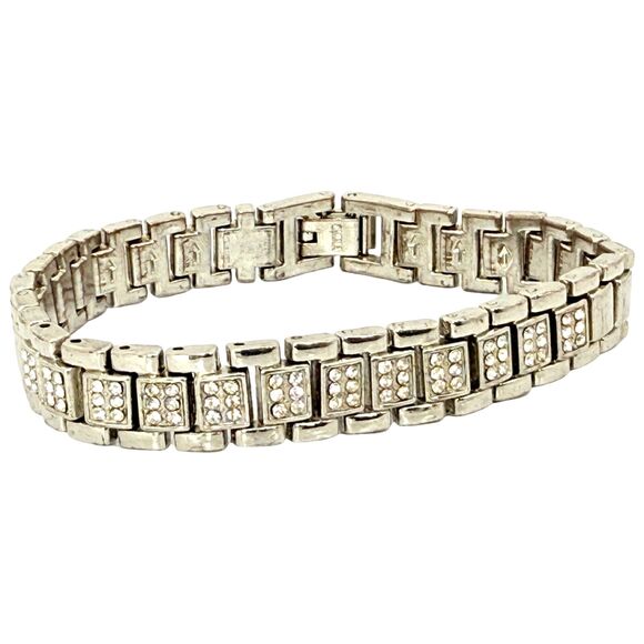 Silver Tone Rhinestone Watch Link Bracelet 7" Shimmering Trendy 90s - Picture 6 of 14